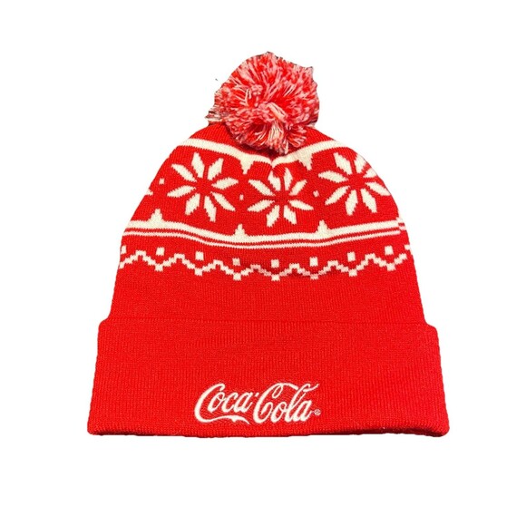 Vintage Coca-Cola Red Pom Pom Beanie Hat Made in USA Winter Knit Cap - Picture 1 of 8